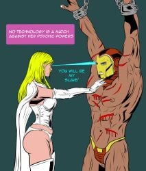 1boy 1girls avengers big_breasts big_butt blonde_hair blood breasts cameltoe cape chains cleavage corset cuts dominant_female dominatrix emma_frost female femdom fokknight green_eyes iron_man iron_man_(series) lingerie male malesub marvel marvel_comics muscular_male panties restrained restrained_arms submissive_male tony_stark torture white_lingerie white_panties white_queen x-men