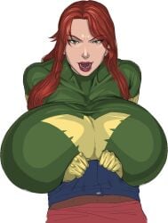 1boy 1girls alternate_breast_size big_breasts breasts breasts_bigger_than_head busty cocky_smile dark-skinned_male dark_skin female gigantic_breasts green_eyes huge_breasts interracial jean_grey jombleywombley large_breasts looking_at_viewer male marvel partial_male phoenix_(x-men) red_hair removing_pants smiling_at_viewer smirk smug_face straight thejombler x-men