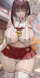 1girls breast_curtains breasts cleavage female hips huge_breasts naughty_face oekakizuki original original_character panties purple_eyes red_hair revealing_clothes short_hair short_skirt shrine_maiden skirt thick_thighs thighs white_panties wide_hips