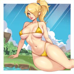 1girls basic_background big_breasts big_thighs bimbo blonde_hair blue_eyes breasts breasts_out_of_bikini darkmoney1 female female_only fully_clothed golden_bikini hair_over_one_eye hourglass_figure mario_(series) nintendo nipples_bulge pigtail posing princess_rosalina revealing_clothes skimpy_clothes solo super_mario_galaxy tagme