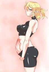 1futa big_breasts blonde_hair blush breasts clothed clothing elf_ears erection futa_only futanari green_eyes huge_cock humanoid humanoid_penis latex light-skinned_futanari light_skin mizuhashi_parsee mostly_clothed pandain penis penis_out short_hair shorts side_view solo solo_female spats standing touhou