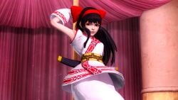 1girls 3d ainu_clothes arm_behind_head armpits black_hair breasts fingerless_gloves grey_eyes hair_ribbon hi_res king_of_fighters king_of_fighters_xiv legs long_hair nakoruru pants parted_lips pole pole_dancing samurai_shodown sensual small_breasts smile thighs