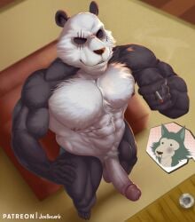 abs absurd_res anime_nosebleed anthro balls bear beastars bulge canid canine canis cigarette clothing eye_scar facial_scar genitals giant_panda gouhin gouhin_(beastars) hi_res joelbearb legoshi_(beastars) male male_only mammal muscular muscular_anthro muscular_male nipples pecs penis scar smoking smoking_cigarette solo vein veiny_penis wolf