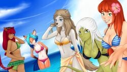 5girls alison_(space_paws) animal_ears beach bikini breasts cleavage furry nebet_(space_paws) panties roselyn_(space_paws) seaside siaren_(space_paws) space_paws swimsuit taifun_riders