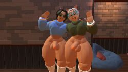 2boys black_hair bros_being_bros cat_ears femboy glasses hand_on_shoulder huge_cock looking_at_viewer rec_room recroom recroom-nsfw thick thick_thighs vr white_hair