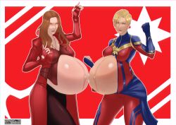 2girls big_breasts blonde_hair breasts captain_marvel carol_danvers clone66 disproportional double_pregnancy female female_only hyper_belly linea_nigra marvel marvel_cinematic_universe multiple_girls multiple_pregnancies outie_navel pregnant red_hair scarlet_witch short_blonde_hair wanda_maximoff