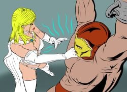 1boy 1girls avengers big_breasts big_butt blonde_hair breasts cameltoe cape cleavage corset dominant_female dominatrix emma_frost female femdom fokknight green_eyes iron_man iron_man_(series) lingerie male malesub marvel marvel_comics panties submissive_male tony_stark white_lingerie white_panties white_queen x-men