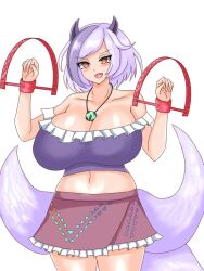 1girls bear_trap big_breasts breasts cleavage clothed_female dog_ears dog_girl dog_tail fabaru lavender_hair light-skinned_female mitsugashira_enoko necklace oerba_yun_fang open_mouth red_eyes solo solo_female thighs touhou white_background