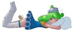 1girls 2d ambiguous_penetration bakudon blue_eyes blush cum_inside cum_on_ass dress green_hair lying_down lying_on_stomach marle_(puyo_puyo) prone_bone puyo_puyo puyo_puyo_tetris stockings tired_eyes white_legwear