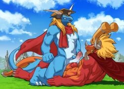 absurd_res anthro anthro_on_anthro blue_body blue_feathers bushiroad dragon drum_bunker_dragon duo feathers future_card_buddyfight hi_res male male/male on_top on_top_of orange_body orange_skin pandarita qinus_axia