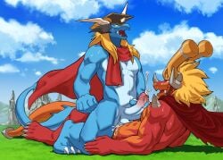 absurd_res anthro anthro_on_anthro blue_body blue_feathers bodily_fluids bushiroad cum dragon drum_bunker_dragon duo feathers future_card_buddyfight genital_fluids hi_res male male/male on_top on_top_of orange_body orange_skin pandarita qinus_axia