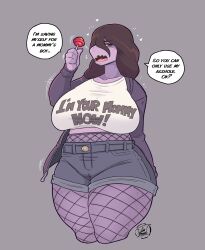 1girls anal_only big_breasts brown_hair cumbread deltarune dialogue female female_only fishnet fishnet_legwear fishnets jean_shorts large_breasts looking_at_viewer mommy_kink purple_body purple_skin scalie shorts solo solo_female solo_focus speech_bubble susie_(deltarune) talking_to_viewer text text_bubble text_on_clothing thick_thighs thighs wide_hips