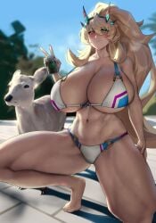 1girls 1other abs barghest_(gawain)_(fate) big_breasts bikini blonde_hair blush breasts can cleavage eu03 fate/grand_order fate_(series) feet female goat huge_breasts light-skinned_female long_hair outdoors ponytail squatting thick_thighs v