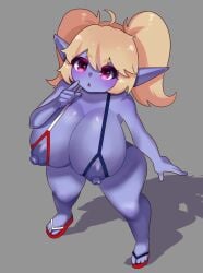 big_ass big_breasts bikini chilean_flag_bikini fuamyero league_of_legends poppy purple_eyes purple_skin sling_bikini tagme yellow_hair yordle