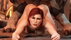 1boy 1girls 3d ass bed belethor's_smut clenched_teeth commander_shepard completely_nude doggy_style endured_face female femshep freckles freckles_on_face green_eyes hi_res interspecies krogan male mass_effect medium_hair nude penis red_hair sex sex_from_behind straight