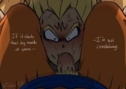 balls blowjob blush boner clothing dragon_ball dragon_ball_z erection gay giver_pov majin_mark male male_only muscular penis penis_out rekkage saiyan son_goku super_saiyan text vegeta yaoi yellow_hair