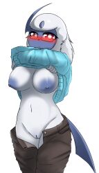 absol alpha_channel anthro areola blush bottomwear bottomwear_down breasts clothed clothing clothing_lift eyewear female fredory generation_3_pokemon genitals glasses looking_at_viewer nintendo nipples pants pants_down partially_clothed pokémon_(species) pokemon pokemon_(species) pussy red_eyes simple_background solo transparent_background white_body