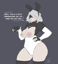 1girls android android_girl big_breasts blindfold breasts bunny_ears cumbread female female_only hand_on_hip light-skinned_female light_skin nier nier:_automata nipples robot robot_girl solo solo_female solo_focus talking_to_viewer text thick_thighs thighs threesome white_hair wide_hips yorha_2b