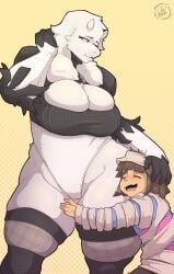 1boy 1girls 2d big_breasts blue_eyes cleavage closed_eyes color cosplay crossover crossover_cosplay cumbread female frisk goat goat_horns horns hugging hugging_leg large_breasts male milf mummy_costume mummy_wrappings nier:_automata open_mouth thick_thighs thighhighs thighs toriel undertale undertale_(series) white_body white_fur white_hair wide_hips wings yorha_2b_(cosplay)