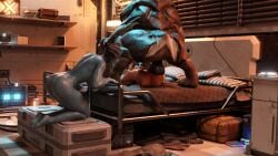 1boy 2girls 3d anus asari ass balls bed belethor's_smut closed_eyes commander_shepard completely_nude eyeshadow female femshep green_eyes hi_res interspecies krogan male mass_effect missionary_position multi_balls multi_genitalia nude on_back penis red_hair samara sex shiny_skin spread_legs straight testicles vaginal_penetration watching watching_sex