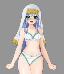 blue_hair bra fuamyero green_eyes healer medium_breasts panties shy tagme