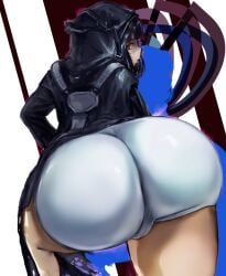 1girls ass ass_focus black_hair black_jacket blunt_bangs bob_cut body_armor cameltoe d_(nikke) goddess_of_victory:_nikke hi_res hood huge_ass juju_(artist) looking_at_viewer looking_back medium_hair red_eyes solo solo_female white_shorts