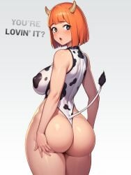 1girls ai_assisted ass_lift big_ass big_breasts blunt_bangs bob_cut boylurker breasts cow_print curvy english_text fake_horns fake_tail female female_only from_behind hand_on_ass highleg_leotard large_breasts looking_back mcdonald's milf mom_(japanese_mcdonald's_commercial) neolurker orange_hair side_boob surprised thick thick_thighs wide_hips yoru_mac