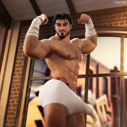 1boy 2023 3d bandana bara bara_tits barazoku beard big_bulge boxers bulge capcom erection_under_clothes facial_hair gay hairy hairy_chest hi_res highres huge_bulge looking_at_viewer male male_focus male_nipples male_only manly muscular_male nipples rashid solo solo_male street_fighter street_fighter_6 underwear yaoi zireael