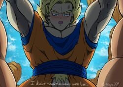 balls blowjob blush boner clothing dragon_ball dragon_ball_z erection gay male male_only muscular penis rekkage saiyan solo_focus son_goku super_saiyan taker_pov text vegeta yaoi yellow_hair