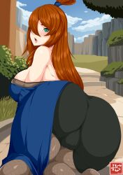 1girls ass ass_focus bare_shoulders barefoot big_ass brown_hair bubble_ass bubble_butt dress embarrassed female female_only fishnet_stockings fishnets from_behind green_eyes haarmades huge_ass long_hair looking_at_viewer looking_back looking_back_at_viewer mature mature_female mei_terumi milf naruto naruto_(series) naruto_shippuden presenting presenting_ass solo solo_focus spats stockings terumi_mei thick_ass very_long_hair voluptuous