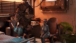 1boy 1girls 3d alien alien_girl alien_penis asari belethor's_smut big_breasts big_penis blue_eyes blue_skin breasts erection female hi_res horsecock krogan looking_at_partner mass_effect nipples nude penis samara shiny_skin sitting