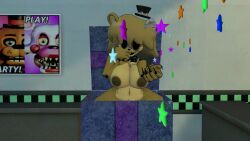 black_claws black_nose black_sclera cally3d cryptiacurves dark_nipples female five_nights_at_freddy's fredina's_nightclub giant_breasts golden_freddy_(fnaf) golden_fredina_(cally3d) hand_on_cheek hanging_stars holding_hand_to_viewer inside_box looking_at_viewer poster thick_ass thick_thighs type_0 vrchat vrchat_media white_pupils yellow_fur yellow_hair