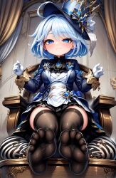 1girls 5_toes ai_generated bare_legs black_legwear blue_eyes blue_hair blush clothed feet female female_focus female_only foopanthia foot_fetish foot_focus furina_(genshin_impact) genshin_impact hat looking_at_viewer looking_down sitting smile smug soles solo stockings thick_thighs thighhighs thighs toes