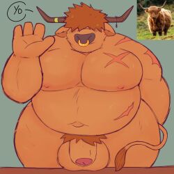 1:1 2023 anthro balls belly big_pecs bovid bovine casual_nudity cattle facial_piercing front_view genitals gesture hair hair_over_eyes hi_res highland_cattle horn male mammal nose_piercing nose_ring overweight overweight_anthro overweight_male pecs piercing portrait pubes reference_image ring_piercing roostermon scar solo thick_thighs three-quarter_portrait waving wide_hips