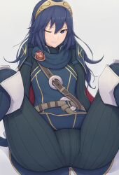 1girls absurdres armor belt black_pants black_shirt blue_eyes blue_hair blue_scarf blue_shirt cape clenched_teeth female female_only fire_emblem fire_emblem_awakening grey_background hair_between_eyes hairband highres long_hair lucina_(fire_emblem) m_legs mogtate nintendo one_eye_closed pants pantyhose ribbed_pants ribbed_shirt scarf shirt shoulder_armor solo spread_legs sweat symbol-shaped_pupils teeth tiara