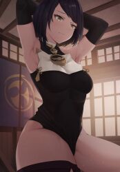 armpit_fetish armpits clothed female genshin_impact gueya_(gueyasan) kujou_sara shy solo sweaty_armpits thick_thighs