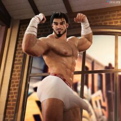 1boy 2023 3d balls bandana bara bara_tits barazoku beard big_bulge boxers bulge bulge_through_clothing capcom erection_under_clothes facial_hair gay hairy hairy_chest hi_res highres huge_bulge looking_at_viewer male male_focus male_nipples male_only manly muscular_male nipples penis penis_outline rashid solo solo_male street_fighter street_fighter_6 underwear yaoi zireael