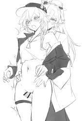 2girls baseball_cap birthday bottomless censored chinese_commentary commentary fu_hua fu_hua_(azure_empyrea) futa_with_female futanari greyscale hair_ornament hair_stick haruka_(rsyaooooo) hat herrscher_of_sentience highres honkai_(series) honkai_impact_3rd jacket jewelry long_hair monochrome multiple_girls navel necklace open_mouth penis pussy shaved_pussy shirt thigh_strap