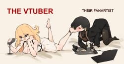 accessory black_hair blonde_hair blush centurii-chan cleavage drawing_tablet feet feet_in_mouth kamura_(rain_prophet) kaneko_lumi laptop meme microphone phase_connect phase_invaders sucking_feet