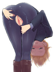 apple_butt ass ass_grab bent_over black_legwear blush boots brown_hair censored clothing earrings em em_(totsuzen_no_hakike) female from_behind grey_eyes jewelry military military_uniform pantyhose pubic_hair pussy short_hair simple_background solo standing strike_witches torn_pantyhose uniform upside-down waltrud_krupinski