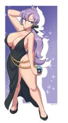 absurdres anabel_(pokemon) arm_behind_head armpit bare_shoulders beast_ball breasts cleavage commission curvy dress earpiece female female_focus full_body gloves high_heels highres huge_breasts littlej_(zi19191) long_hair looking_to_the_side matching_hair/eyes nintendo no_bra pokemon pokemon_sm purple_eyes purple_hair solo thick_thighs thighs wide_hips