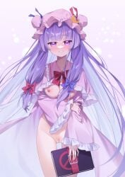 absurdres blush book bow bowtie breasts bun_cover cleavage collared_dress commentary_request cowboy_shot crescent crescent_hat_ornament dress female frilled_dress frilled_sleeves frills hairbow hand_on_own_arm hat hat_ornament heart heart_in_eye highres holding holding_book large_breasts long_hair long_sleeves mob_cap nipples parted_lips patchouli_knowledge pink_dress pink_hat poppy_(poppykakaka) purple_eyes purple_hair pussy red_bow red_bowtie smile solo standing symbol_in_eye touhou very_long_hair