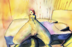 anthro bed blush breasts canine extreme_perspective female fur furry nude on_back pillow pussy red_hair solo spread_legs spreading tail unknown_artist unknown_species watercolour