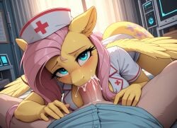 1boy ai_generated anthro bed blowjob cum_in_mouth deepthroat evening fellatio female female_focus female_penetrated fluttershy_(mlp) friendship_is_magic furry furry_female highres hospital liwih looking_at_viewer lying_on_back my_little_pony nurse pov pov_eye_contact tagme