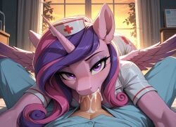 1boy ai_generated anthro bed blowjob cum_in_mouth deepthroat evening fellatio female female_focus female_penetrated friendship_is_magic furry furry_female highres hospital liwih looking_at_viewer lying_on_back my_little_pony nurse pov pov_eye_contact princess_cadance_(mlp) tagme