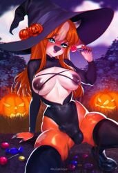 2023 akulaenaya anthro areola bangs black_areola black_clothing black_legwear black_leotard black_nipples black_stockings blue_eyes bovid bovine breasts bulge candy cattle clothed clothing colored dessert digital_drawing_(artwork) digital_media_(artwork) eyelashes food fur genitals grass gynomorph hair half-erect hat headgear headwear hi_res holding_candy holding_food holding_lollipop holding_object horn intersex jack-o'-lantern legwear leotard lollipop long_eyelashes long_hair mammal medium_breasts night nipples no_underwear on_ground open_mouth orange_body orange_fur orange_hair outside penis plant shaded sitting sky solo stockings tan_body tan_fur thick_thighs witch_hat
