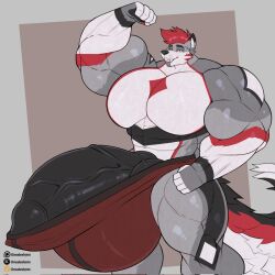 1boy anthro balls big_penis black_markings black_penis canid canine canis countershading flexing_arm fluffy_tail grey_body male male_only mammal meebeehyena penis raxxvr_(commissioner) red_markings red_thong simple_background solo standing tagme tail thong underwear underwear_only wolf