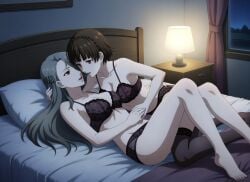 about_to_kiss ai_generated bed bedroom blush braided_hair brown_hair cameltoe candles corset grey_hair hairclip hand_holding incest lingerie makoto_niijima night persona persona_(series) persona_5 red_eyes sae_niijima sister sister_and_sister sisters stockings stroking_hair teenager yuri