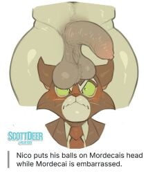 anthro ball_tuft balls balls_on_face black_body black_fur blush blush_lines bodily_fluids bottomless cheek_tuft clothed clothing domestic_cat duo english_text facial_tuft felid feline felis flaccid fur gay gay_male genitals green_eyes green_sclera hi_res lackadaisy male male/male mammal mordecai_heller necktie nicodeme_savoy nude penis red_necktie saggy_balls scottdeer simple_background suit_and_tie sweat sweatdrop text thick_thighs tuft tuxedo_cat watermark white_background white_body white_fur yaoi