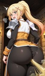 1girls ai_generated ass back_view big_ass blonde_hair darkness_(konosuba) fart fart_fetish fat_ass female female_only gassy kono_subarashii_sekai_ni_shukufuku_wo! leggings ponytail stinky